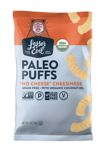 PACK OF 6 No Cheese Cheesiness Organic Vegan Paleo Puffs  by Lesser Evil (28g each pack) (Best By 30th May 2024)