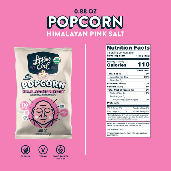 PACK OF 6 Organic Himalayan Pink Salt Popcorn by Lesser Evil (25g per bag) (Best By May 25th 2024)