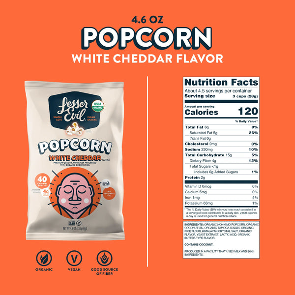 Organic Vegan White Cheddar Popcorn by Lesser Evil